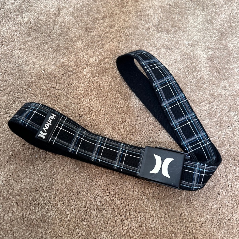 Y2K Hurley Mens Web Belt Black Blue Plaid Adjustable Canvas Flip Top Buckle M/L
